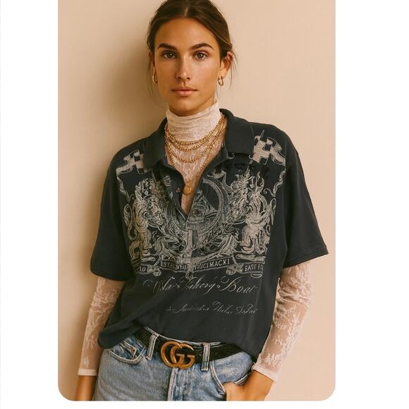 Y2K Nautica Tattoo Print 3D Distressed Oversized Short Sleeve Polo Shirt - Picture 1 of 8